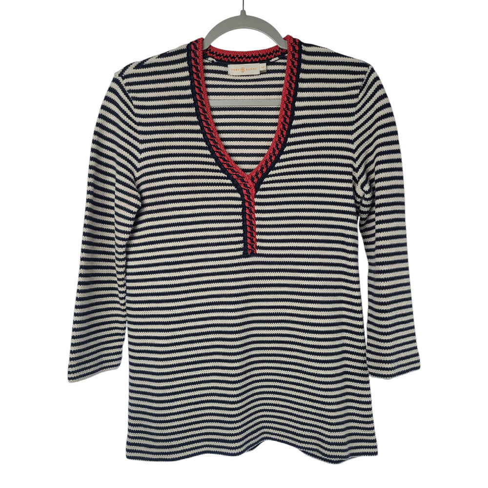 Tory Burch Sweater Women's Small Striped V-neck Pullover 3/4 Sleeve Cotton